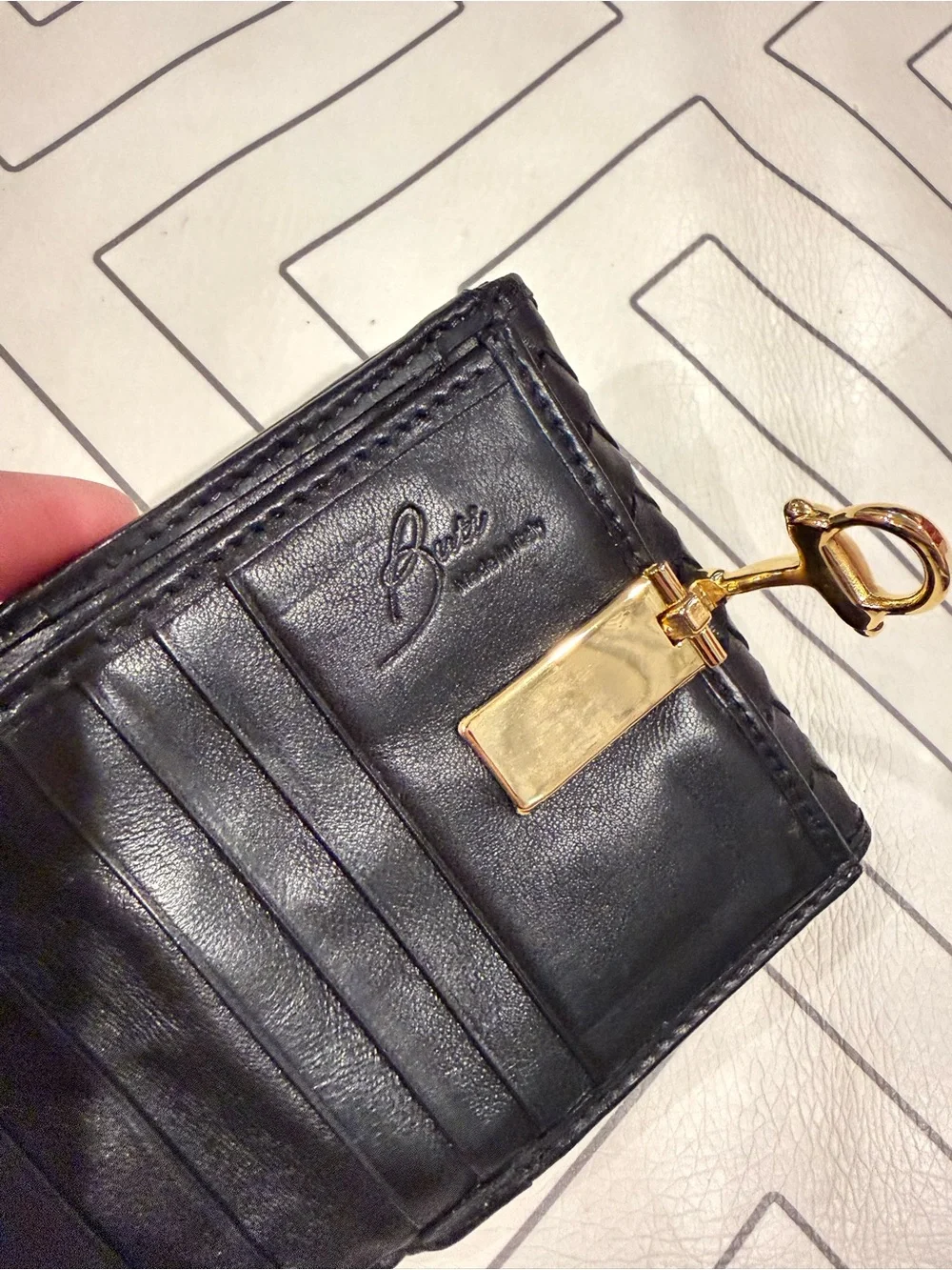 Rich Brown Woven Leather Wallet with Gold Turn-Lock